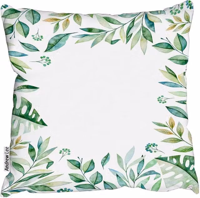 Andrew Lee Light Botanical Leaves Square Cushion in Green and White, W: 60 cm, D: 60 cm