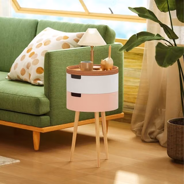 HOMCOM Round Side Table with Storage and Brown Wood Legs