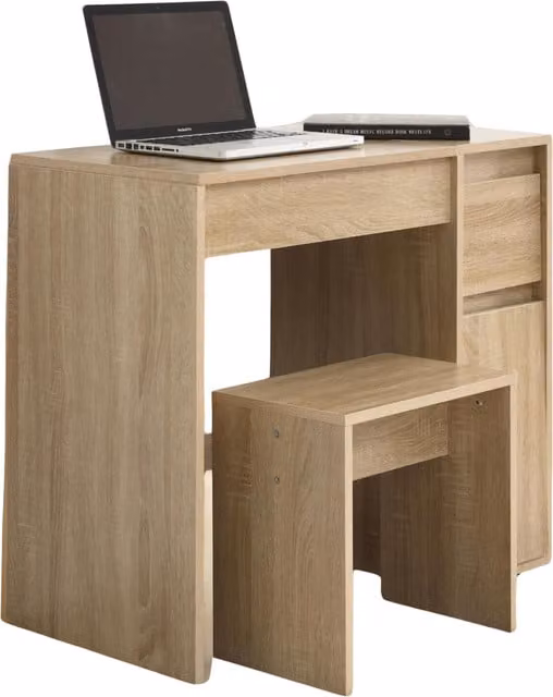 Pirlo Plush Modern Oak Dressing Table Workstation with Stool, Brown, W/D/H: 68.5 x 40 x 40 cm