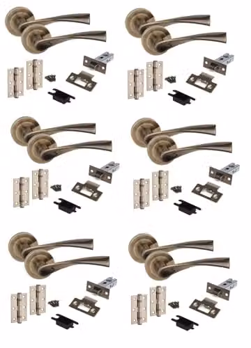 Golden Grace Astrid Door Handles with Latch and Hinges in Antique Brass, 6 Sets