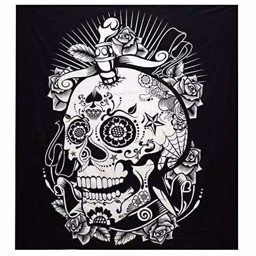 KDMD Rose Skull Double Cotton Bedspread and Wall Hanging Set in White and Black