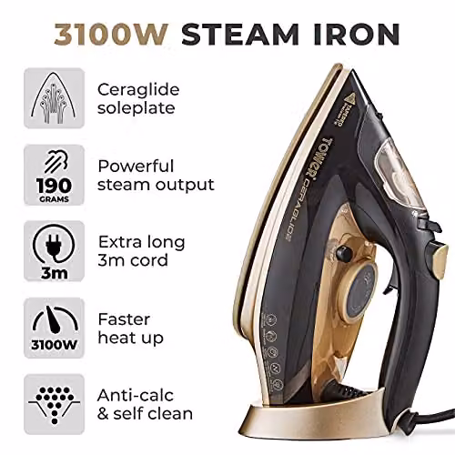 Tower Steam Iron with Ceramic Non-Stick Soleplate, Gold and Black (T22021GLD) – 2