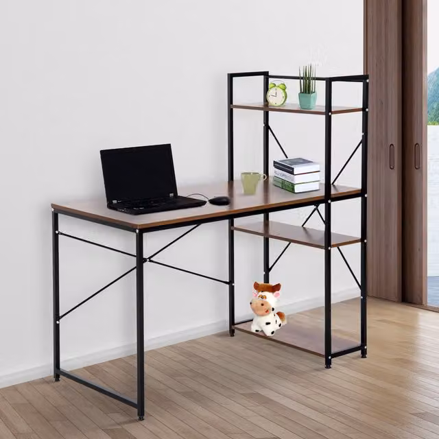 HOMCOM Industrial Computer Desk with 4 Tier Bookshelf in Walnut