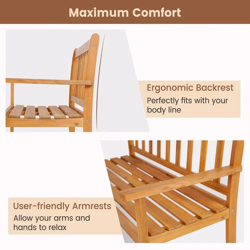KORVIXA 2-Person Acacia Wood Outdoor Loveseat Bench in Brown with Armrests, W/D/H: 100 x 100 x 100 cm – 4