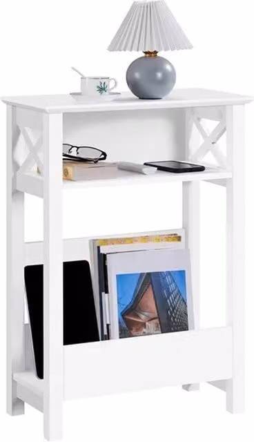 Kelvenix Narrow End Table with Magazine Holder in White, W/D/H: 25 x 25 x 70 cm