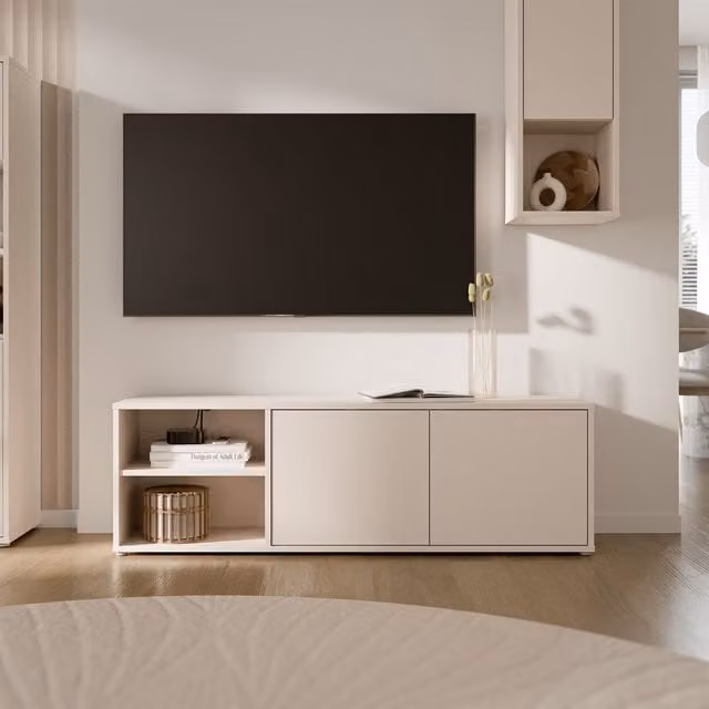Furniture To Go Alice Springs Wide TV Cabinet in Sand with 2 Push-Open Doors and 1 Open Shelf