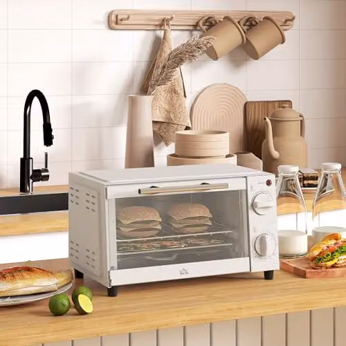 HOMCOM 9L Mini Electric Toaster Oven and Grill with Timer, 750W, Beige – 2