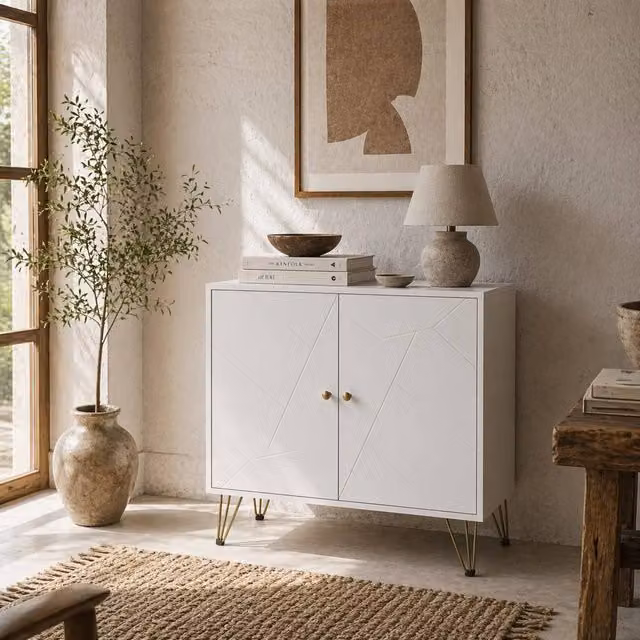 Wyld Haus Vifiva White Slim Sideboard with Gold Hairpin Legs and 2 Doors