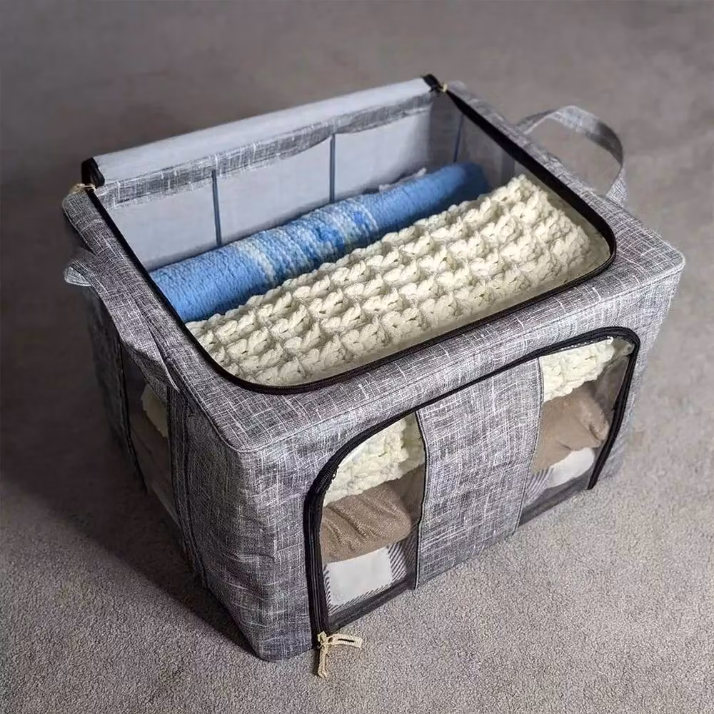 FLAVORA Set of 3 Foldable and Stackable 66L Storage Boxes in Grey Fabric and Stainless Steel – 3
