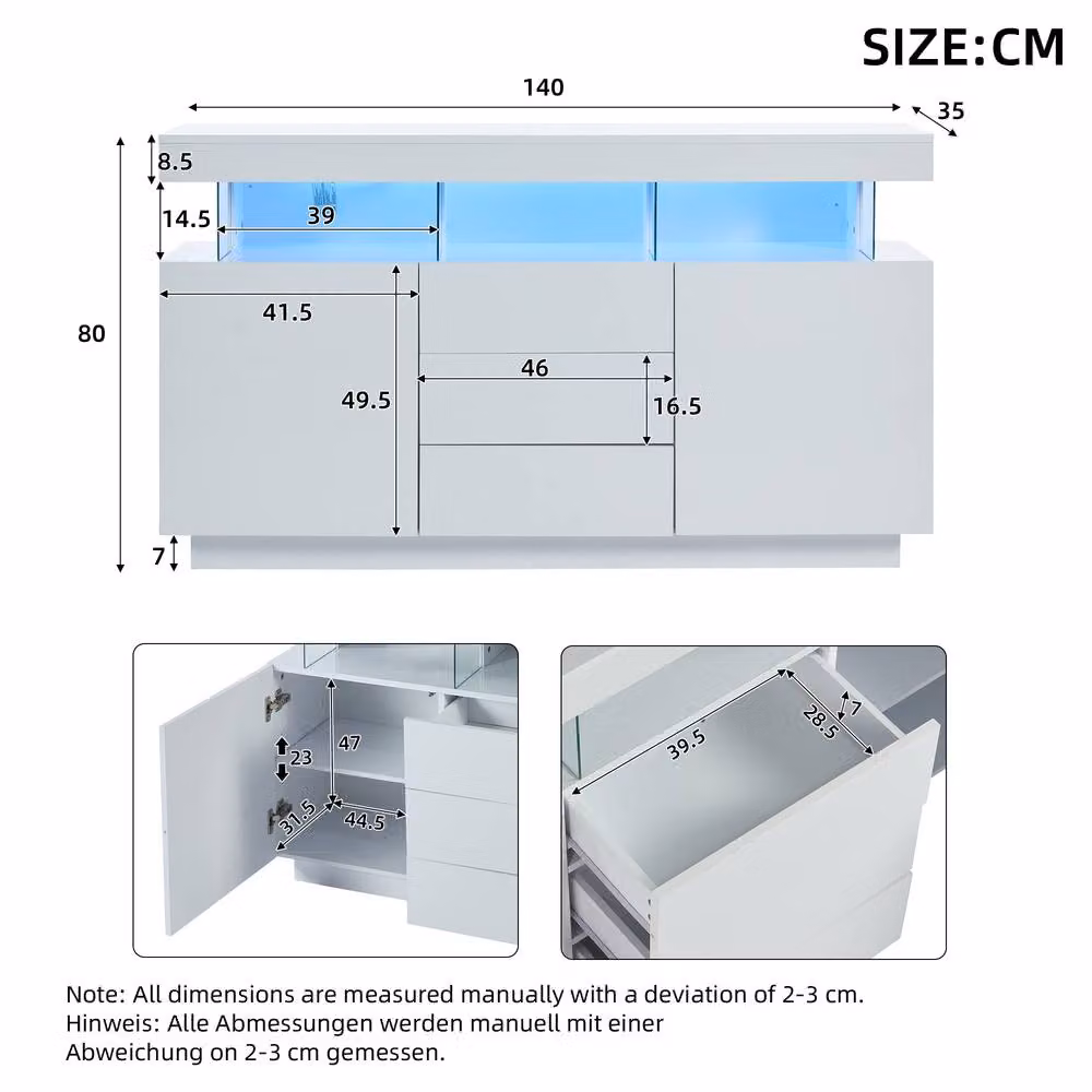STILVORA Modern Glossy White Sideboard with Integrated LED Lighting, Width: 140 cm – 3