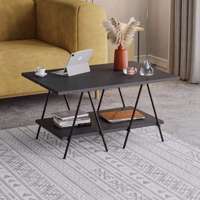 FWStyle 2 Tier Rectangular Coffee Table with Black Metal Frame and Grey MDF Laminate Top
