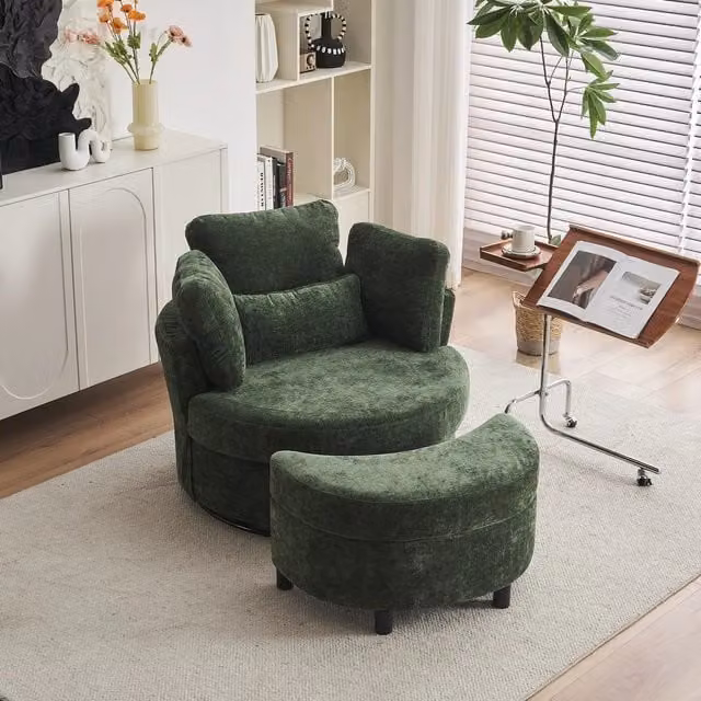 Aosom.UK Green Chenille 360 Swivel Armchair Set with 3 Back Cushions and Crescent Ottoman Stool, W/D/H: 105 x 107 x 82 cm – 1