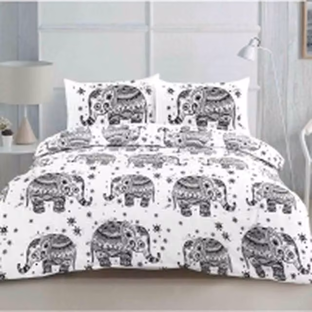 Homes-Linen Reversible Elephant Geometric Duvet Cover Set in White, W: 140 cm, H: 200 cm