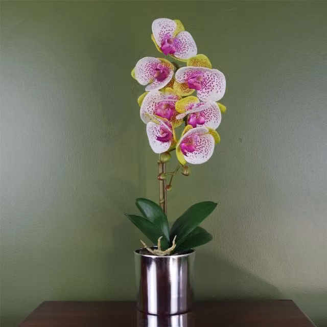 Botanik Realistic Artificial Pink Orchid in a Silver Geometric Pot, Height: 46 cm – 1