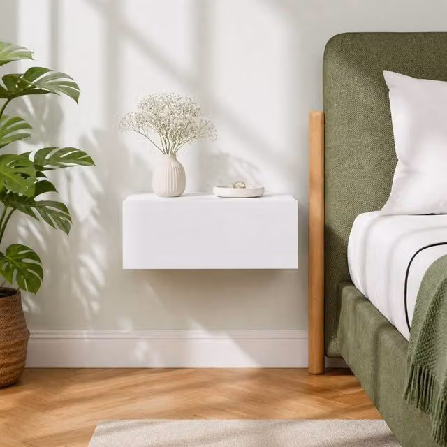 STILVORA Modern Wall Mounted Bedside Table with Drawer in White Matt – 1