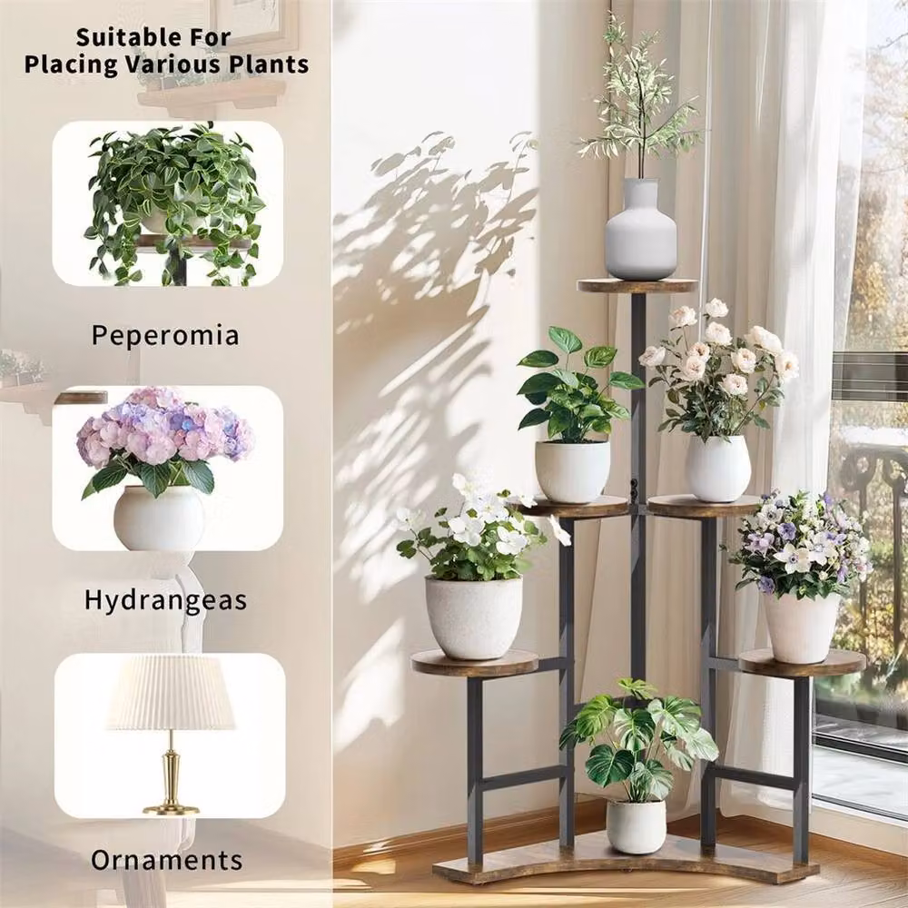 EONLION 6 Tiered Rustic Corner Plant Shelf in Black and Brown with Metal and Wood Construction, W: 100 cm, H: 180.5 cm – 4