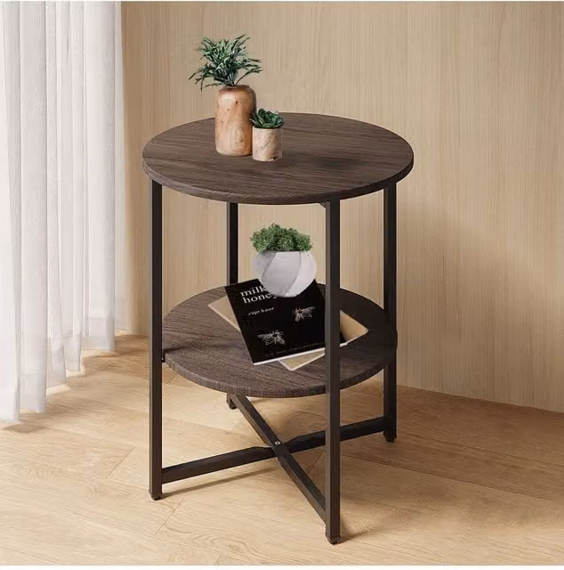 Livingandhome Small Round 2-Tier Coffee Table in Walnut Brown