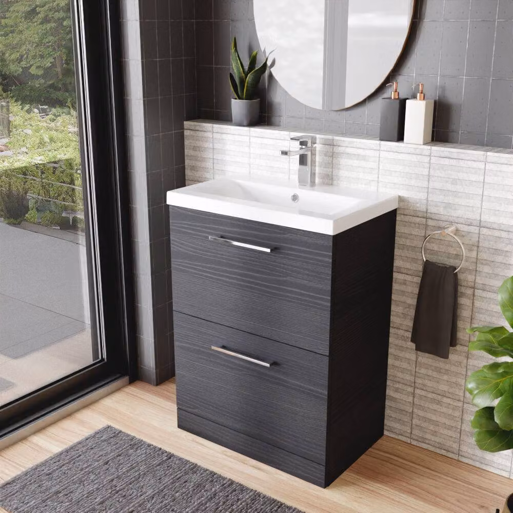 Balterley Contemporary Floor Standing Bathroom Vanity Unit with 2 Soft-Close Drawers and Mid-Edge Basin, Charcoal Black Matt, W: 60 cm, H: 84 cm, D: 39 cm – 4