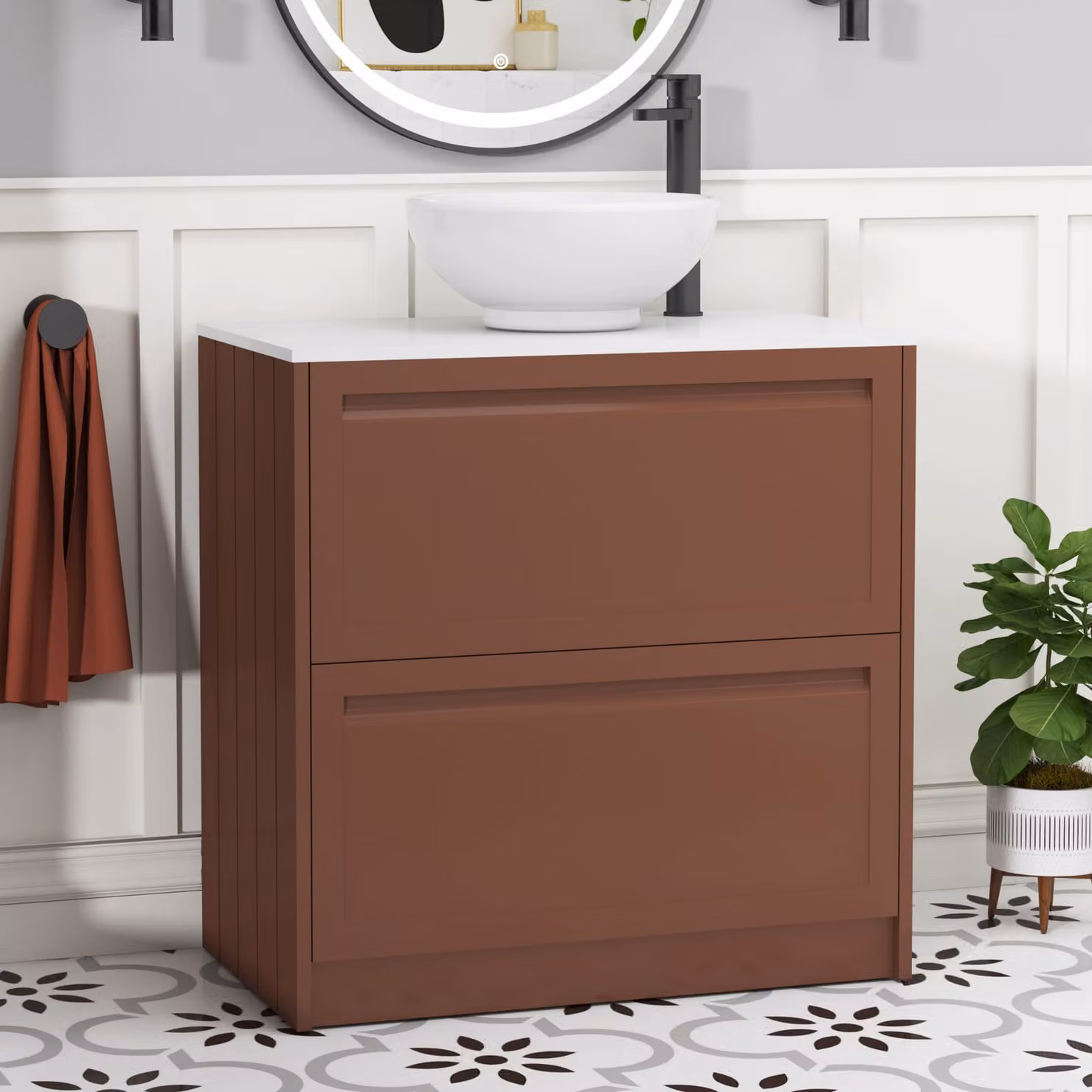 Royal Bathrooms Elmore 800mm Floor Standing Vanity Unit in Terracotta Clay with 2 Drawers, Plain White Worktop and Breeze Basin