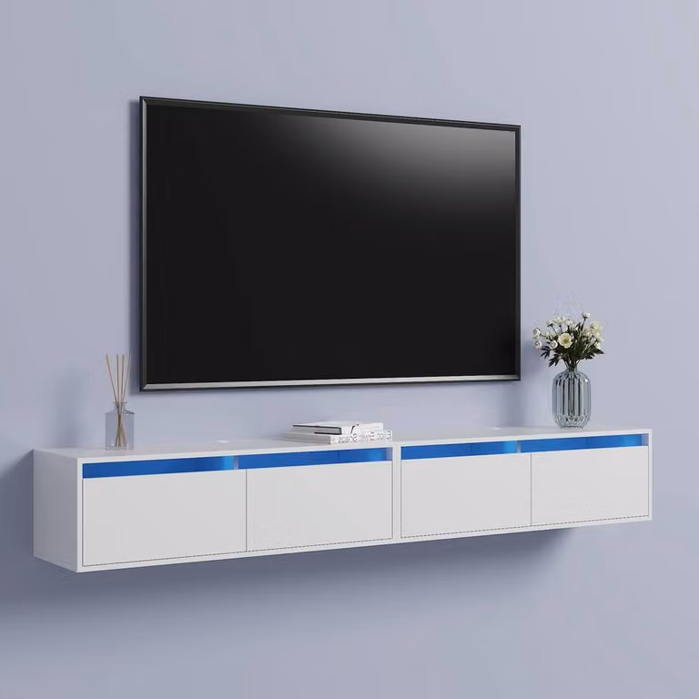 KEEPREAPER Sleek White Wall-Mounted Floating TV Stand with Integrated LED Lights and Flip-Down Cabinets for 55-85 inch TVs