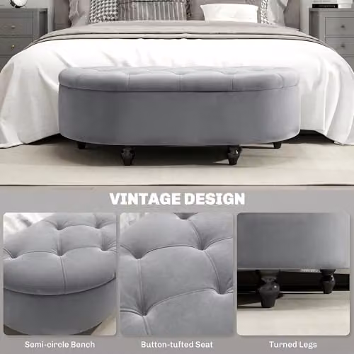 HOMCOM Semi-Circle Velvet Upholstered Ottoman Storage Bench in Grey, W/D/H: 120 x 46 x 42 cm – 7