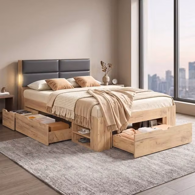 STILVORA Double Bed Frame with 3 Drawers and Integrated LED Lighting in Sand Brown, W/D/H: 140 x 200 x 105 cm