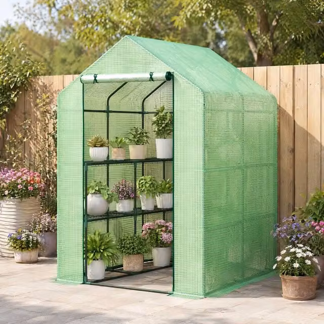 STILVORA Green Walk-In In-Ground Greenhouse with Steel Shelving and Roll-Up Door, W/D/H: 143 x 138 x 190 cm