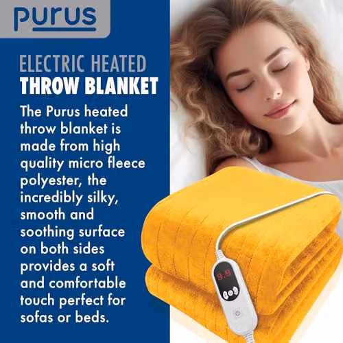 Purus Deluxe Gold XL Electric Heated Throw Blanket with Soft Fleece and Timer Settings – 5