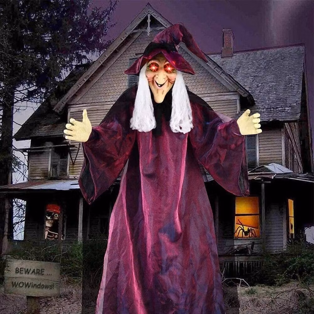 SPETLEK Halloween Hanging Animated Talking Spooky Witch in Purple, H 100 cm x W 60 cm – 4