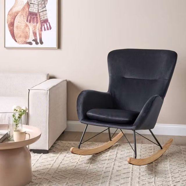 Wyld and Coco Black Velvet Rocking Chair with Metal and Rubberwood Legs – 1