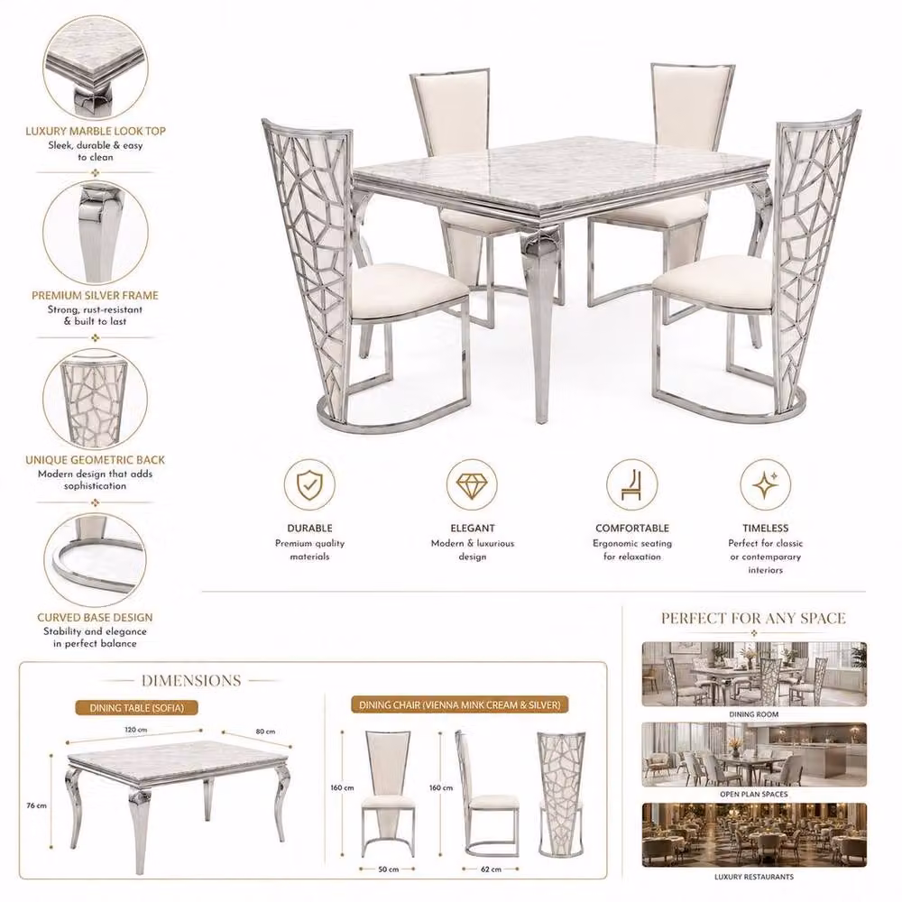 Home Luxe Interior Grey Marble Dining Table and 4 Vienna Cream Silver Chairs Set – 7