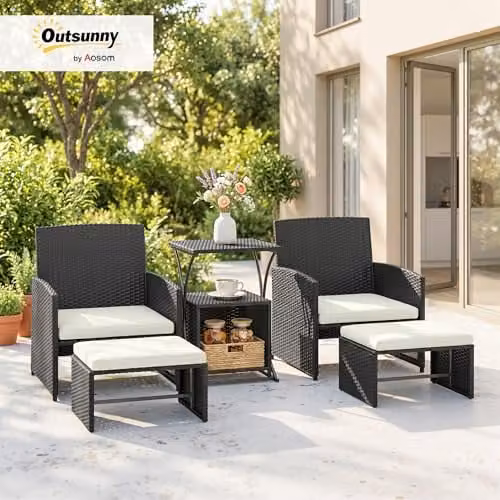 Outsunny 6 Piece L-Shape Rattan Garden Furniture Set with Upholstered Cushions and Coffee Table in Black – 2