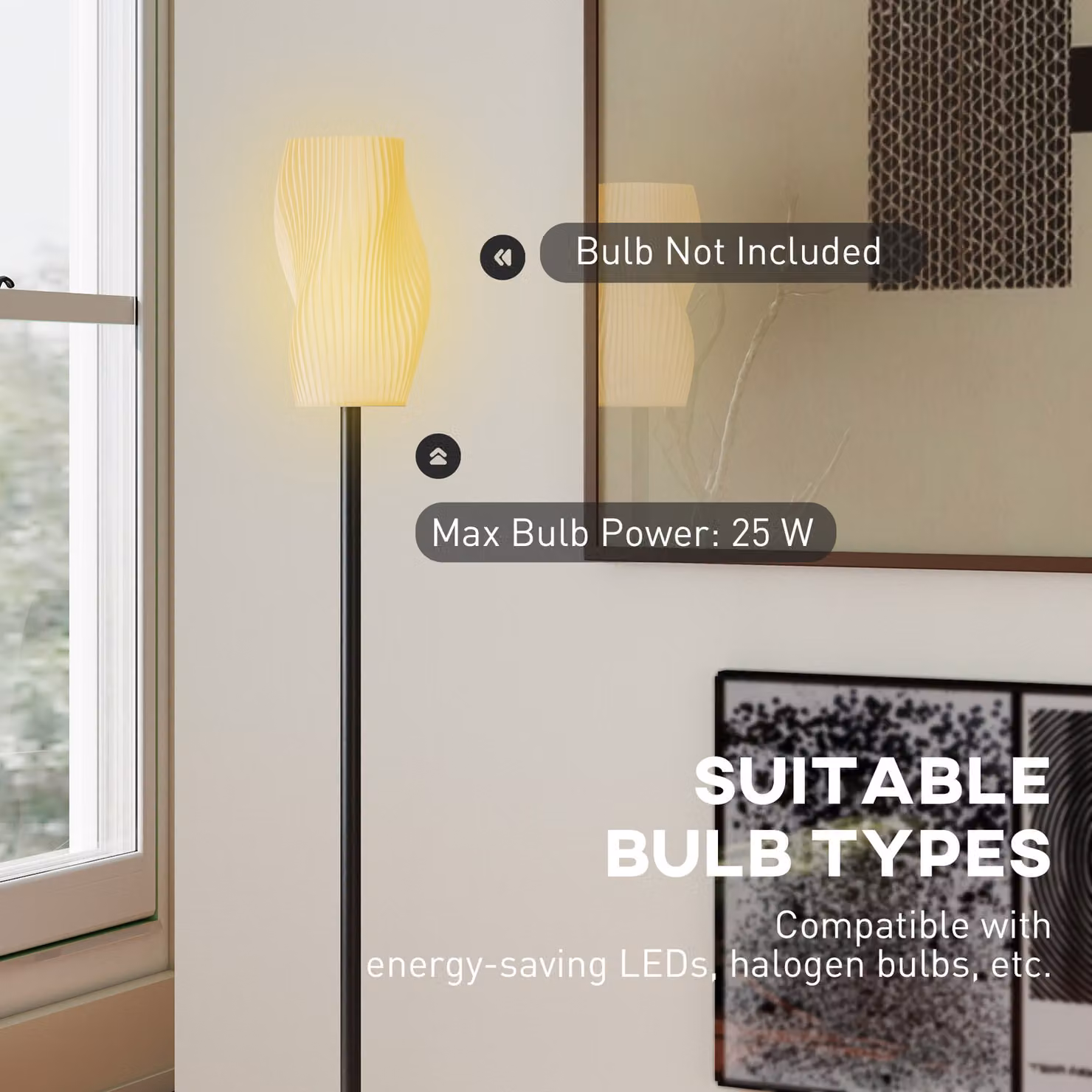 HOMCOM Modern White Floor Lamp with 3D Printed Curved Shade and Foot Switch, E27 Holder, 25W Max – 3