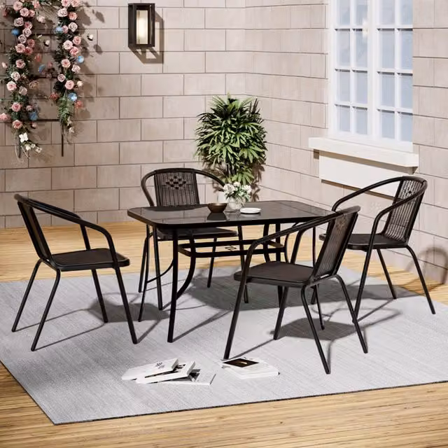 Livingandhome 4 Seater Bistro Set with Rectangular Table and Stacking Chairs in Black