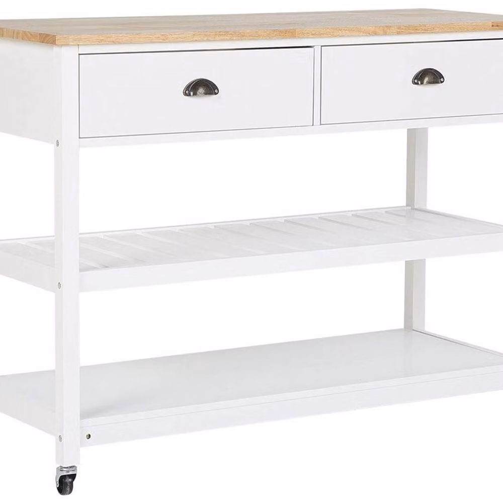 Wyld Haus Nordic Kitchen Trolley in White with Warm Rubberwood Top, Two Drawers and Two Shelves – 2