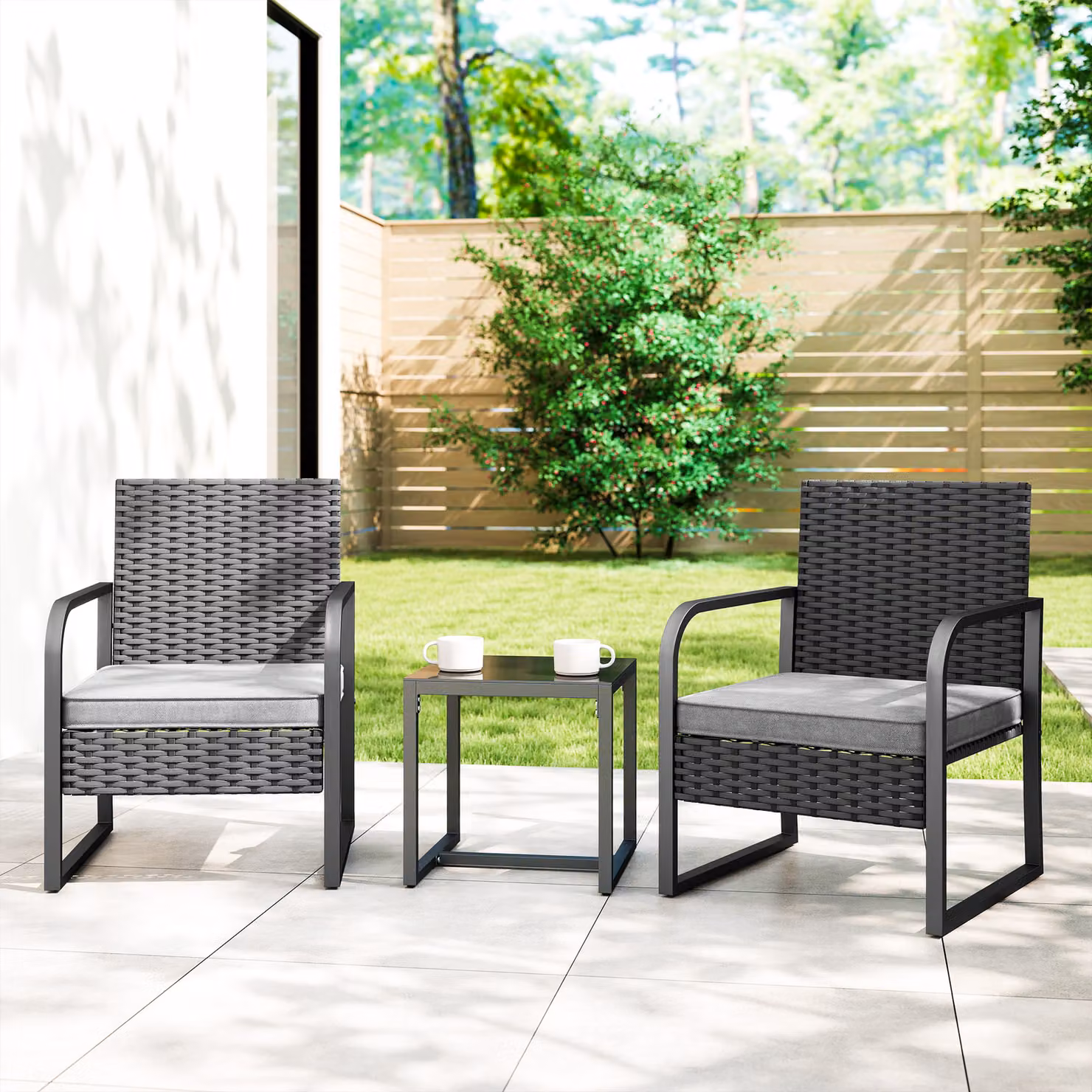 Outsunny 3 Piece Rattan Bistro Set with Cushions and Glass Top Table, Black – 2