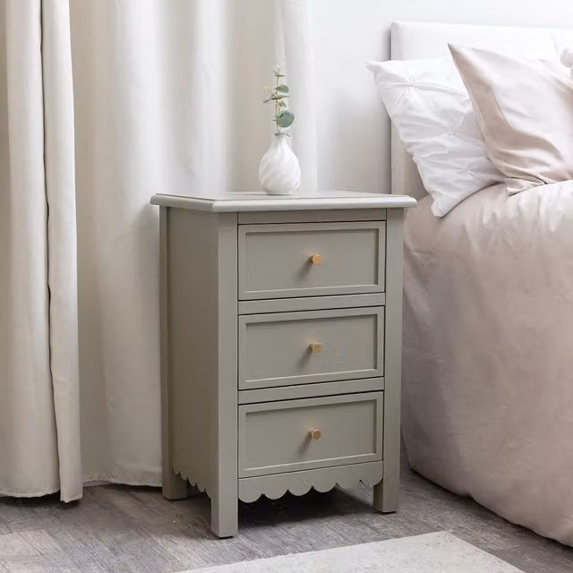 Melody Maison Staunton Taupe 3 Drawer Scalloped Bedside Table in Beige, Grey and Gold