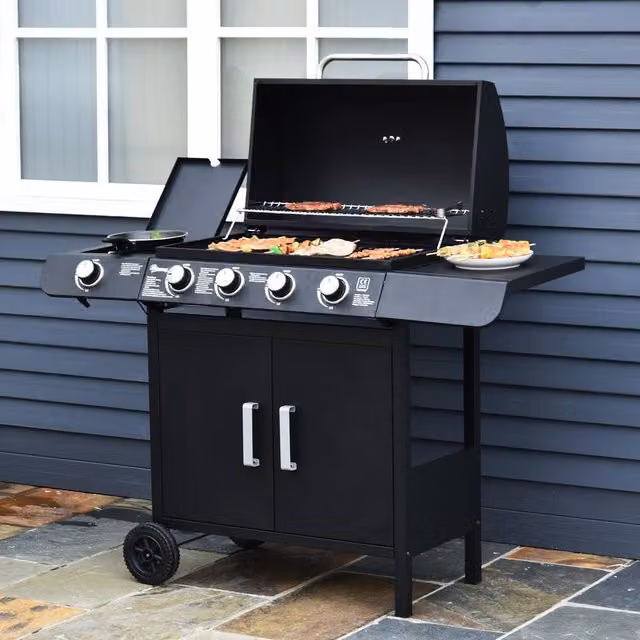 OUTSUNNY Gas BBQ Grill with 4 + 1 Stainless Steel Burners and Side Burner in Black – 1
