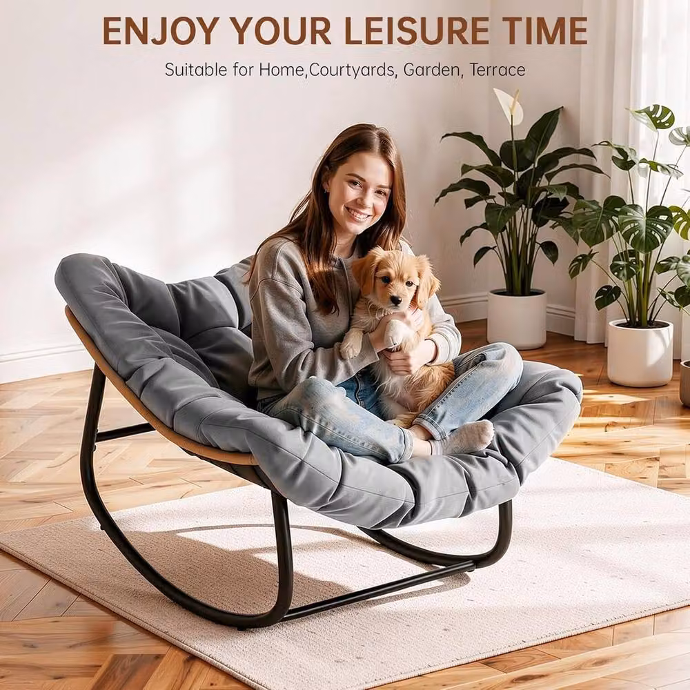Gartistgo Oversized Egg-Shaped Rocking Chair with Thick Cushion and Metal Frame in Dark Grey – 3