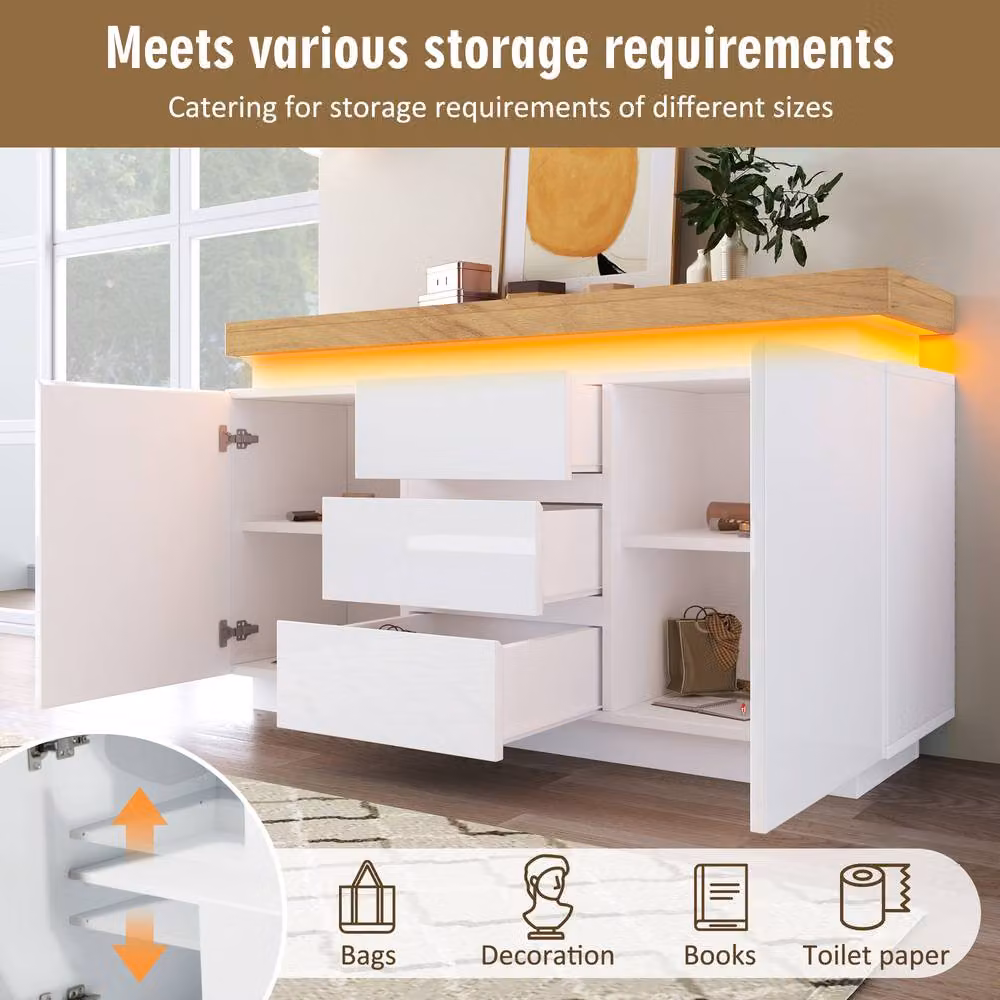 Merax White High Gloss Sideboard Cabinet with Integrated LED Lighting and Drawers – 4
