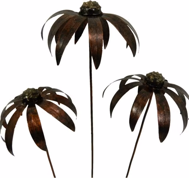 On Trade Winds Set of 3 Metal Echinacea Floral Garden Stakes, Bronze, Height: 100 cm