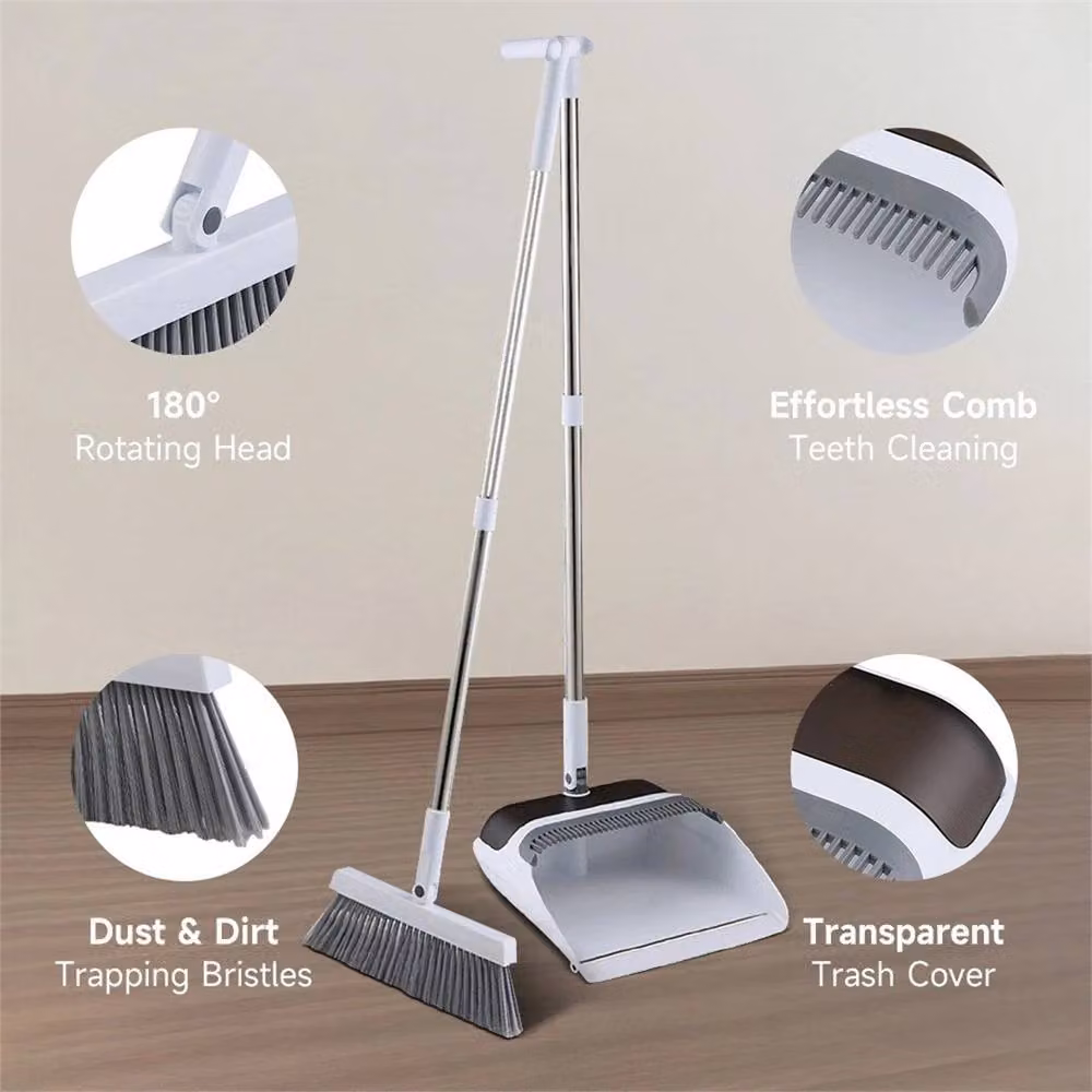 SPETLEK Long Handled Dustpan and Broom Set with Scraper in White and Multicolour – 2