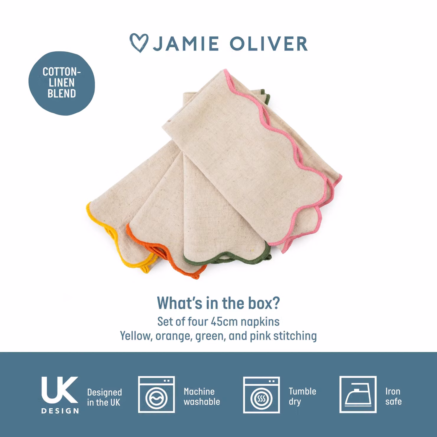 Jamie Oliver Big Love Neat Napkins, Set of 4, Multicolour, W: 45 cm x D: 45 cm – 2