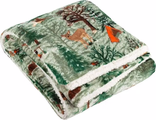 Reversible Double-Face Sherpa Fleece Throw in Oak Green
