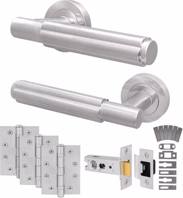 AFIT Satin Nickel Fire Door Handle Latch Set with Hinges in Silver, W/D/H: 15 x 15 cm