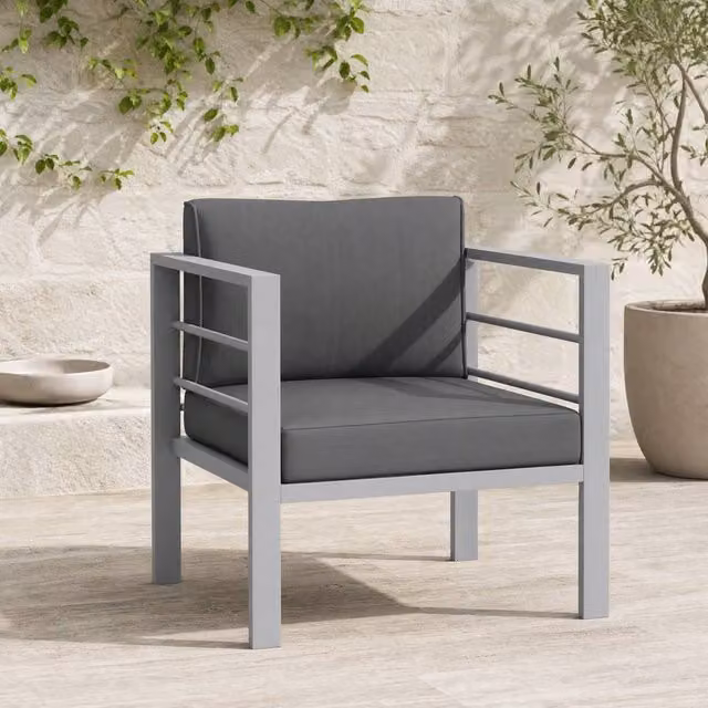 STILVORA Modern Metal Garden Single Sofa with Removable Grey Cushions – 1