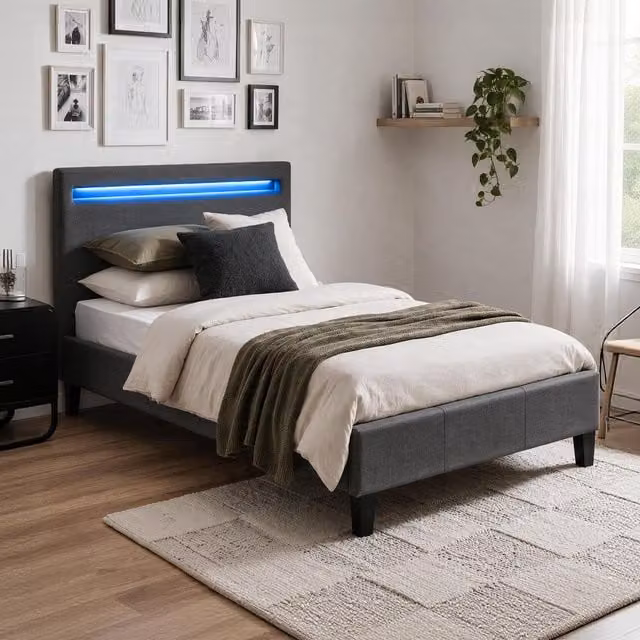 Comfy Living Ltd Modern Upholstered Bedframe with Under-Bed LED Lighting in Grey, King Size (180 x 200 cm)