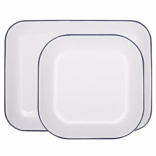 Argon Tableware 2 Piece White Enamel Rectangular Baking Tray Set with Blue Rim