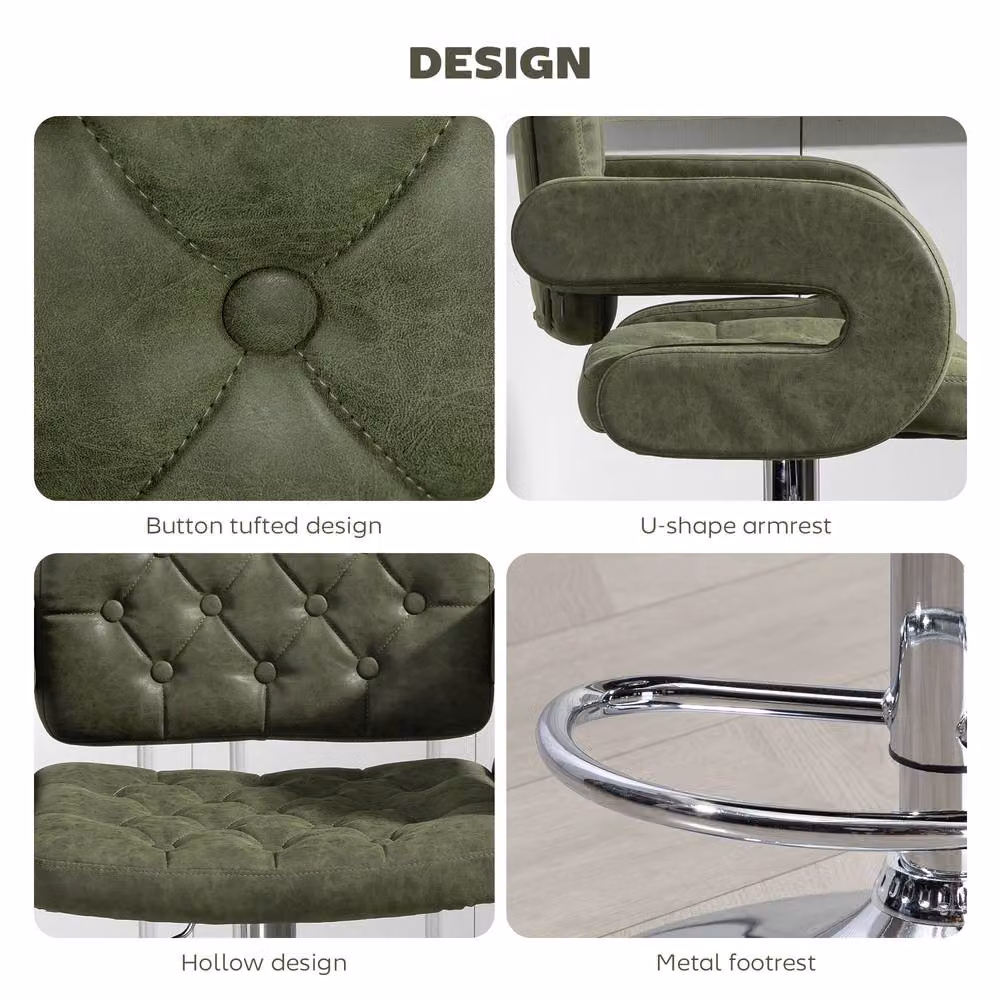 ERGOVEXA Luxe Green PU Leather Swivel Bar Stool with Armrests – 5