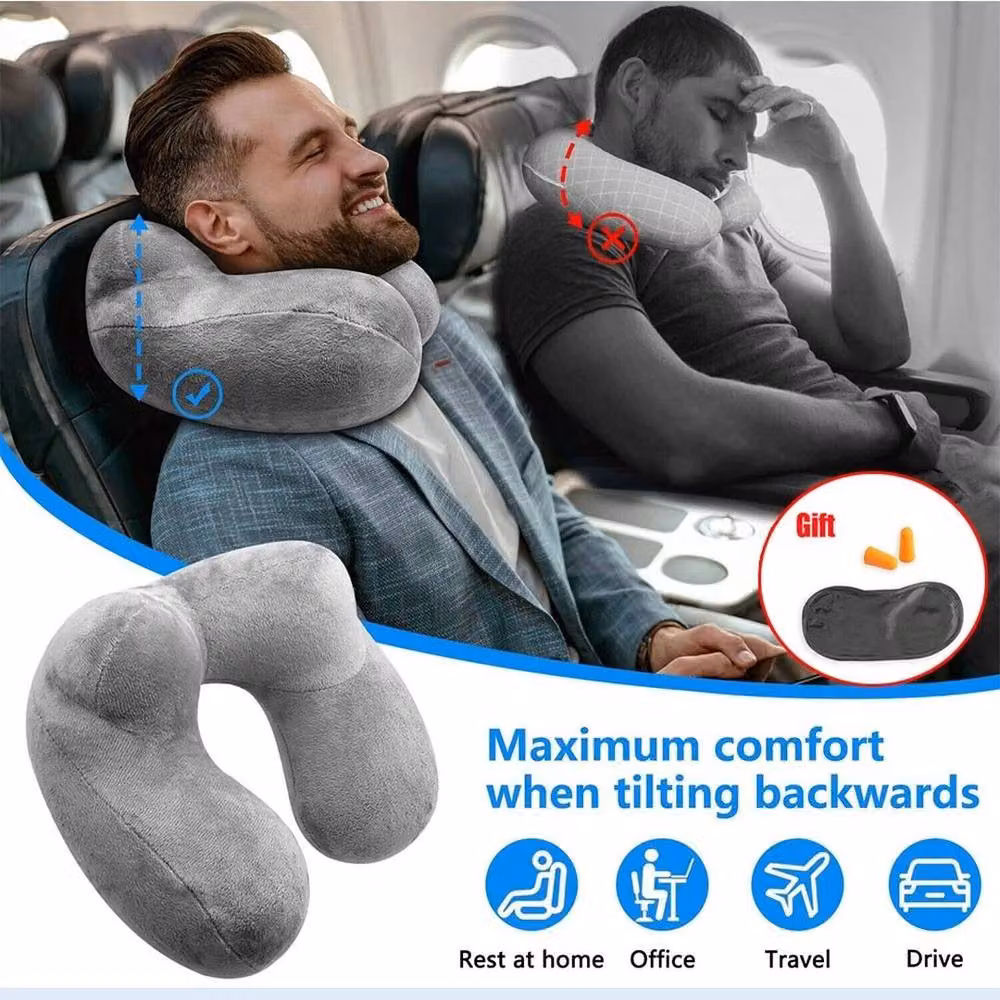FORGEVIO Dark Grey Inflatable U-Shaped Breathable Velvet Neck Pillow for Adults – 6